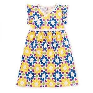 Tea Collection Ruffle Sleeve Wrap Neck Dress in Porto Mosaic, size 4